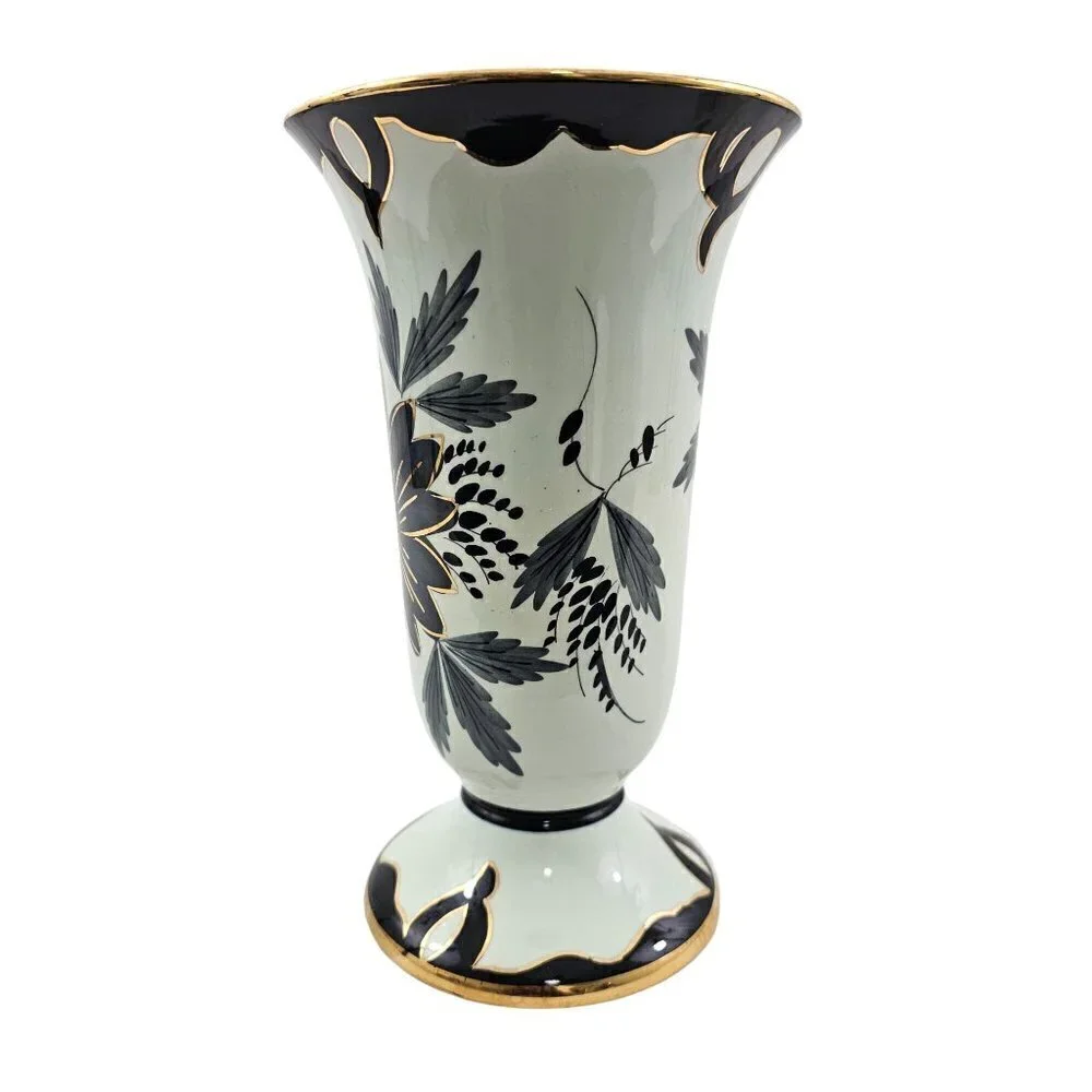 Tody Floral Pattern Gold Rim 8.5” Hand Painted Vase – Made in Holland – 3/4085